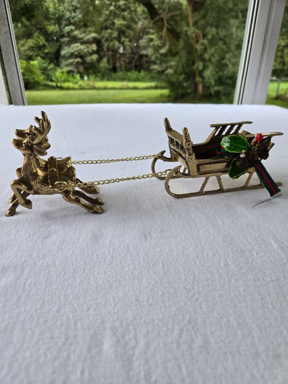Vintage Solid Brass Sleigh and 2 Prancing Reindeer Christmas Holiday Decor